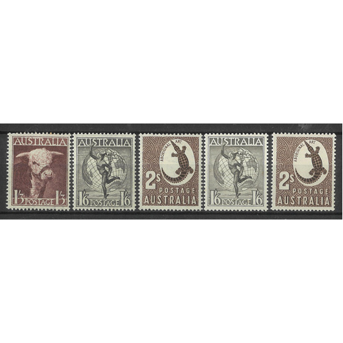 Australia 1948-56 Bull, Hermes, Art WMK Set/3 and No WMK 1/6 & 2/- MUH #AUBK