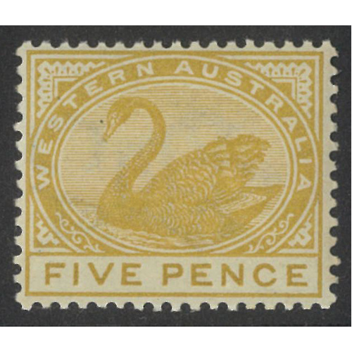 Western Australia 1892 5d Swan Bistre WMK Crown CA SG99 MUH #AUBK