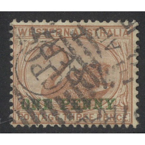 Western Australia 1893 One Penny on 3d Swan Brown WMK Crown CA SG109 FU #AUBK