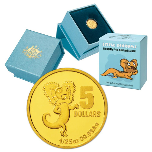 Australia 2009 $5 Little Dinkums Frill-Necked Lizard 1/25oz Gold Proof Coin