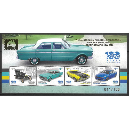 Australia 2025 Hobart Stamp Show - Ford 100 Years Ovpt Numbered Min Sheet MUH