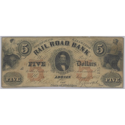 USA The Erie & Kalamazoo Railroad Bank 1853 $5 Banknote gFine