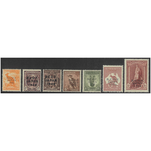 Australia B.C.O.F. 1946-47 Opt Set/7 Stamps to 5/- Thin Paper SG J1/7a MUH #AUBK
