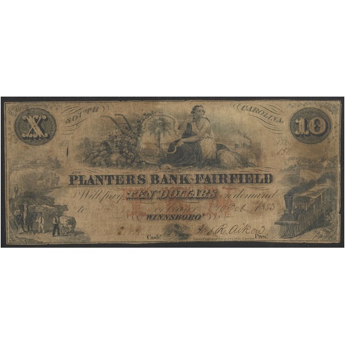 USA Planters Bank Of Fairfield 1853 $10 Banknote Fine