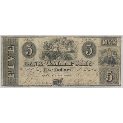 USA Bank Of Gallipolis 1839 $5 Banknote gFine / aVF