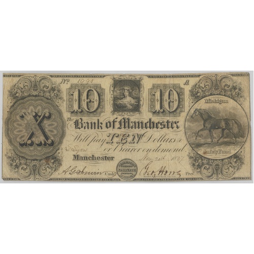 USA Bank Of Manchester 1837 $10 Banknote gFine