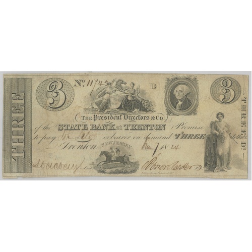USA State Bank At Trenton 1824 $3 Banknote VF+