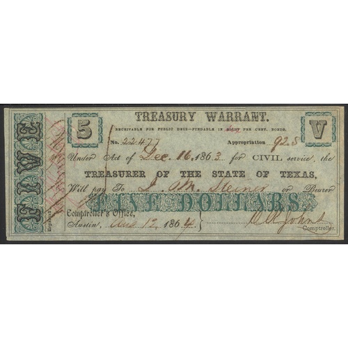 USA State Of Texas Treasury Warrant 1864 $5 Banknote UNC