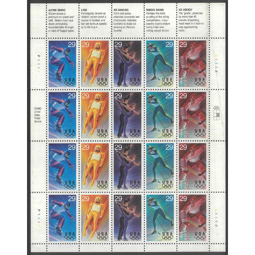 USA 1994 Winte Olympics 29c Sheetlet/20 Stamps Scott 2811a Mint Unhinged #US25