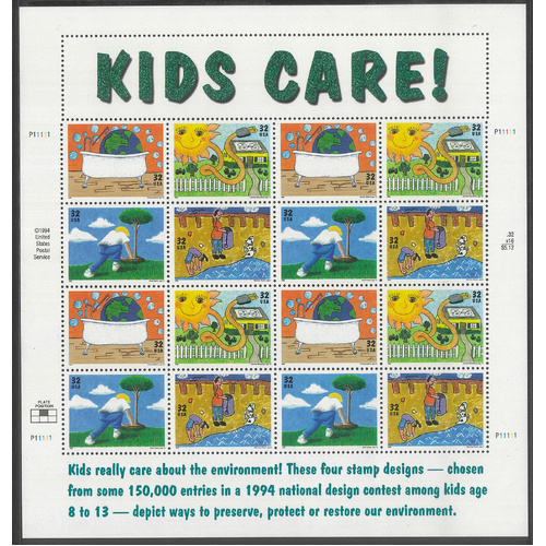USA 1995 Kids Care 32c Sheetlet/16 Stamps Scott 2954a Mint Unhinged #US26