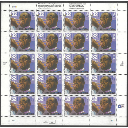 USA 1995 Louis Armstrong 32c Sheetlet/20 Stamps Scott 2982 Mint Unhinged #US27