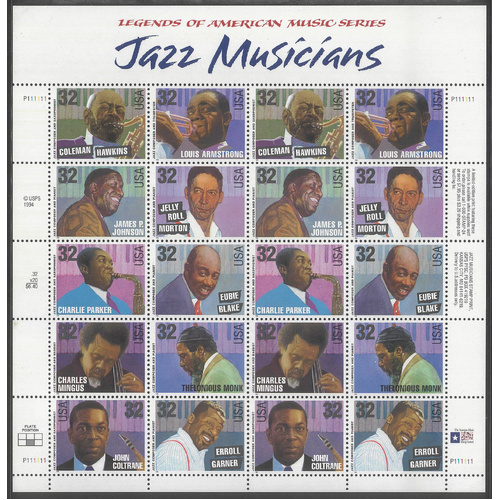 USA 1995 Jazz Musicians 32c Sheetlet/20 Stamps Scott 2992a Mint Unhinged #US28