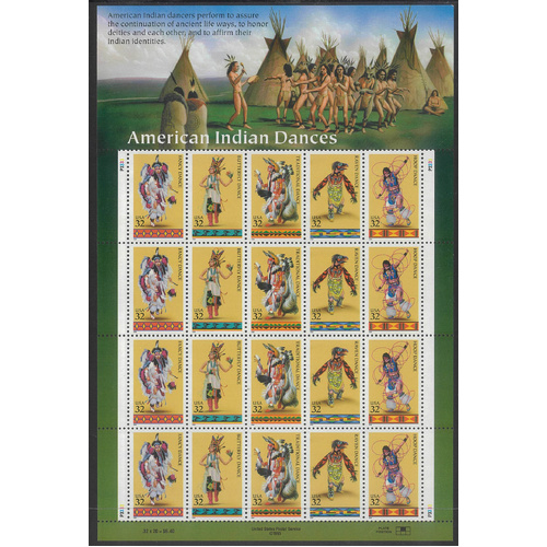 USA 1996 American Indian Dances 32c Sheetlet/20 Stamps Scott 3076a MUH #US32