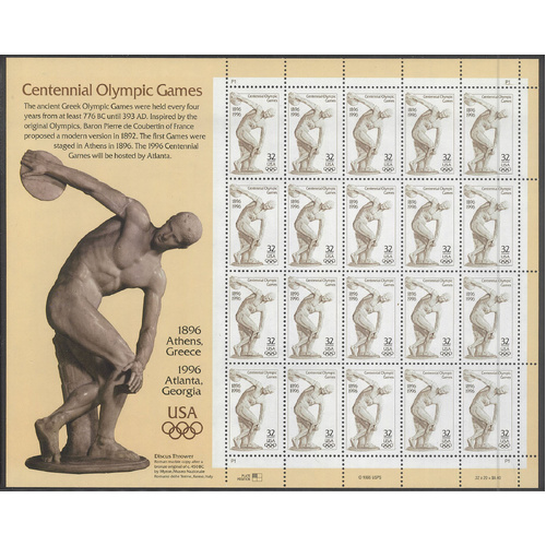 USA 1996 Olympic Games Anniversary 32c Sheetlet/20 Stamps Scott 3087 MUH #US35