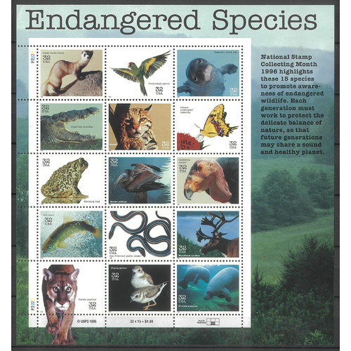 USA 1996 Endangered Species 32c Sheetlet/15 Stamps Scott 3105 MUH #US37