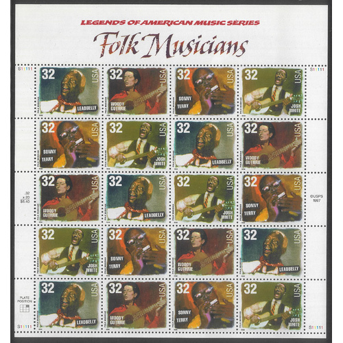 USA 1998 Folk Musicians 32c Sheetlet/20 Stamps Scott 3215a MUH #US44