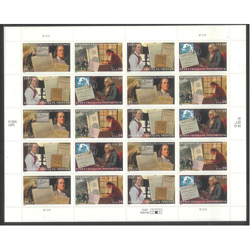 USA 2006 Benjamin Franklin 39c Sheetlet/20 Stamps Scott 4024a MUH #US50
