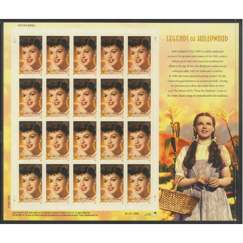 USA 2006 Judy Garland Hollywood Legend 39c Sheetlet/20 Stamps Scott 4077 MUH #US52