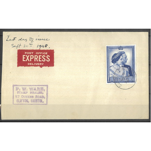 Great Britain 1948 Silver Wedding £1 Stamp on Express Post Cover Fine 31-16