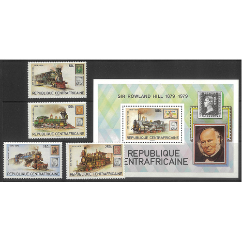 Central African Republic 1979 Rowland Hill/Trains Set/4 & Mini Sheet MUH 6-1