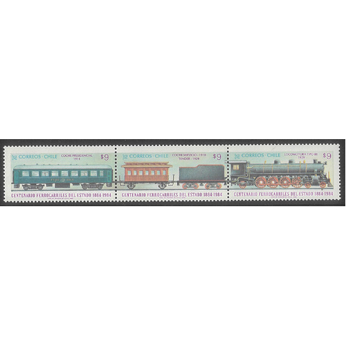 Chile 1984 Railways Anniversary/Trains Strip of 3 Stamps Scott 666 MUH 6-1