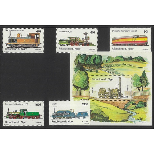 Guinea 1985 Trains Set/4 Stamps & Mini Sheet Scott 969/73 MUH 6-1