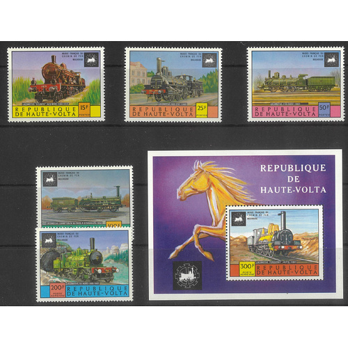 Upper Volta 1975 Locomotives Set/5 Stamps & Mini Sheet Sc.359/61,C203/05 MUH 6-1