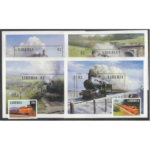 Liberia 1988 Rail Transport Set/2 Stamps & 4 Mini Sheets Sc.1085/90 MUH 6-1