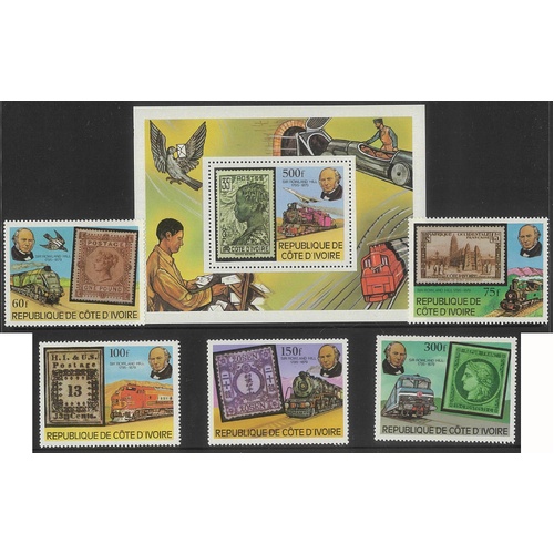 Ivory Coast 1979 Rowland Hill/Trains Set/5 Stamps & Mini Sheet Sc.514/19 MUH 6-1
