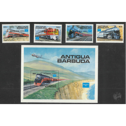 Barbuda 1986 Ameripex/Trains Set/4 Stamps & Mini Sheet Scott 881/85 MUH 6-1