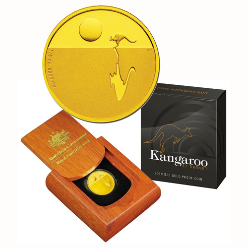 Australia 2018 Kangaroo At Sunset $25 1/5oz Pure Gold Proof Coin RAM Issue