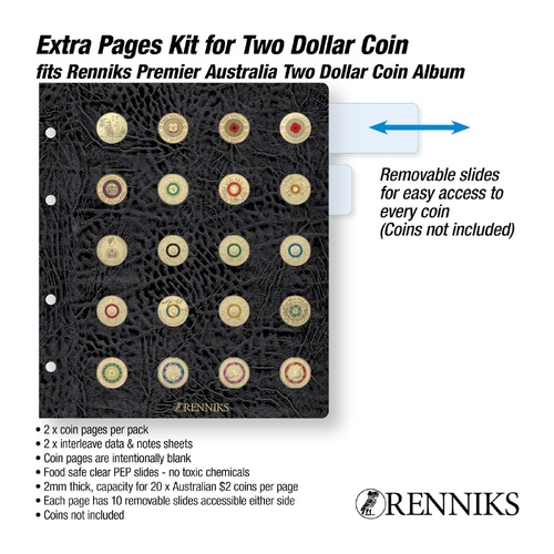 Premium $2 Coin Pages for Renniks Coin Album, Pack of 2 with Data Sheets