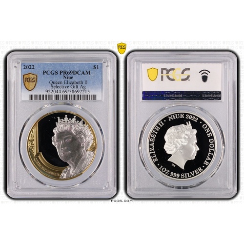 Niue 2022 $1 Queen Elizabeth II Selective Gilt Silver Coin PCGS PR69DCAM