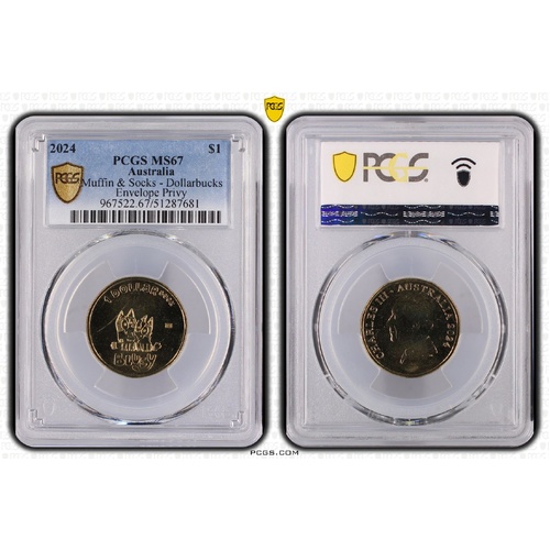 Australia 2024 Bluey Muffin & Socks $1Coin Envelope Privy PCGS MS67