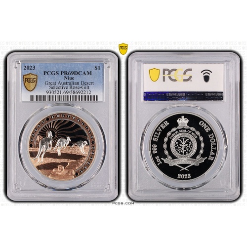 Niue 2023 Kangaroo Great Australian Desert Rose-Gilt Silver Coin PCGS PR69DCAM