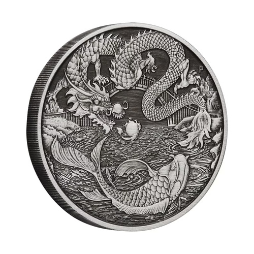 Australian 2023 1oz Dragon & Koi Antiqued Silver $1 Coin in Card