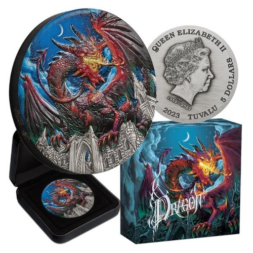Tuvalu 2023 Dragon 5oz Silver Antiqued Coloured $5 Coin