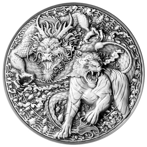 Tokelau 2022 Dragon & Tiger 2oz Silver & 11.5oz Copper High Relief Antiqued Coin