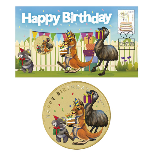 Australia 2026 Happy Birthday Stamp & Coloured $1 Coin PNC