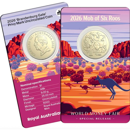 2026 World Money Fair $1 Mob of Six Roos Brandenburg Gate Privy Mark Coin