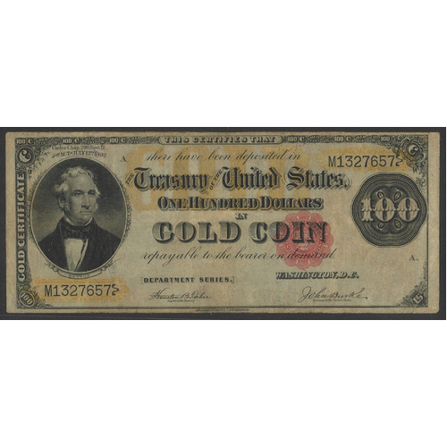 USA 1882 $100 Gold Certificate – Red Seal (Fine/gFine Condition) #P-34