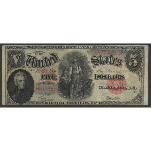 USA 1907 $5 Legal Tender Note – “Woodchopper” in Fine Condition #P-35