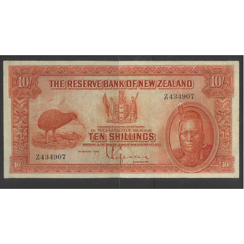 New Zealand 1934 10 Shillings Banknote – First Prefix “Z” Pick 154 VF #P-36