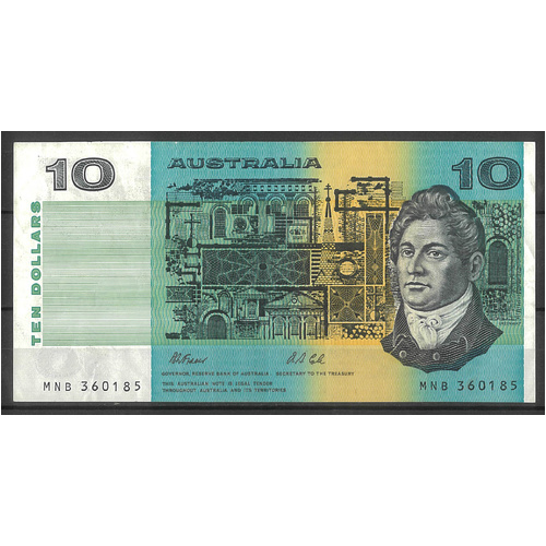 Australia 1991 $10 Banknote Fraser/Cole No Plate Letter 1st Prefix MNB R313bF gF #4-35