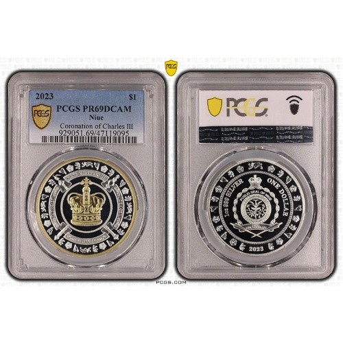 Niue 2023 $1 Coronation of Charles III Gilded Silver Proof Coin PCGS PR69DCAM