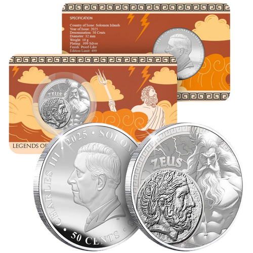 Solomon Islands 2025 Legends of Olympus Zeus 50c Silver Plated BU Coin