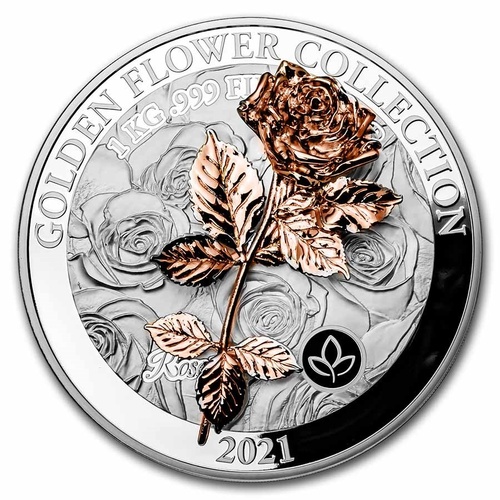 Samoa 2021 $25 1kg 999 Fine Silver Proof Coin with 3D Golden Flower Rose