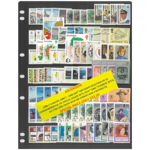Ascension 1980-86 Selection of 22 Commemorative Sets 89 Stamps & 4 Mini Sheets MUH #290
