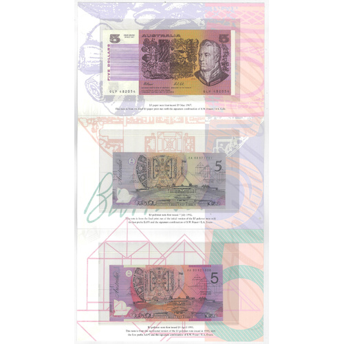 Australia 1967-97 Deluxe 30th Anniversary 3x $5 Banknotes "Famous Five" in Folder