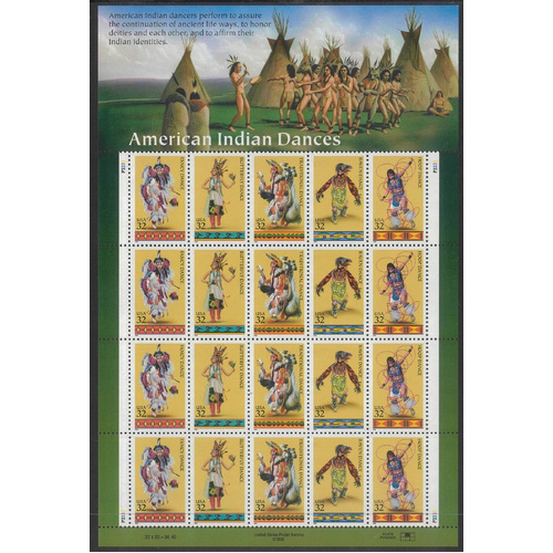 USA 1996 American Indian Dances 32c Sheetlet/20 Stamps Scott 3076a MUH #US32